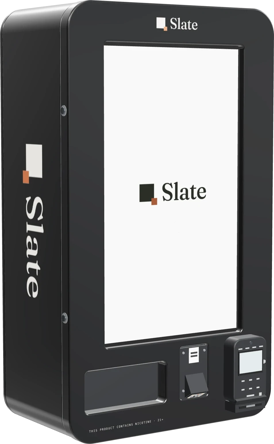 The Slate kiosk: a wall-mounted gloss black cabinet with a portrait touchscreen showing the Slate logo, and a pickup door, an ID scanner and a card terminal on the front.